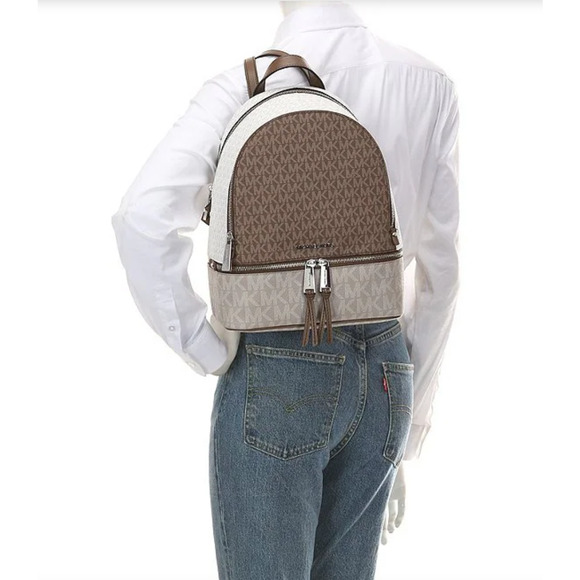 NWT Michael Kors Rhea Signature Logo Zip Med Tri-Color Backpack & Wallet